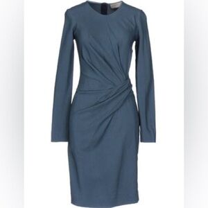 LANVIN / blue grey ruched long sleeve wool blend drape midi sheath dress 34 XS 2